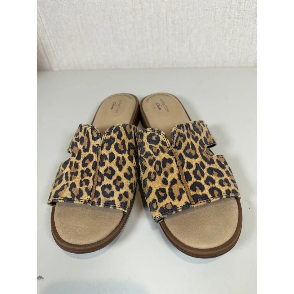 Clarks Declan Flo Leopard Print Flat Slide‎ Sandal Leather 8M